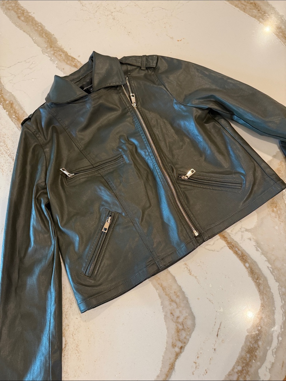 *** NEW WHBM***Classic Green Faux Leather Moto Jacket - Women's